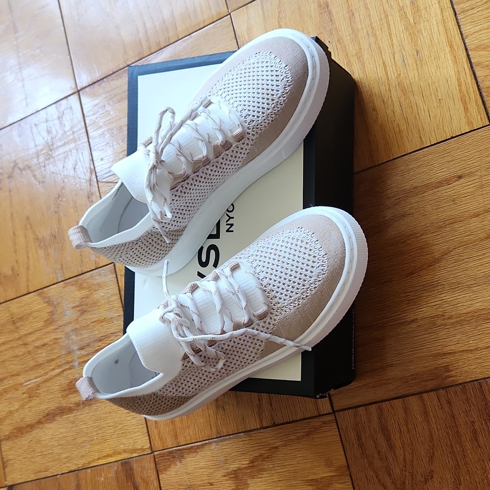 J Slides NYC white/nude Duchess lace-up knitted sneakers